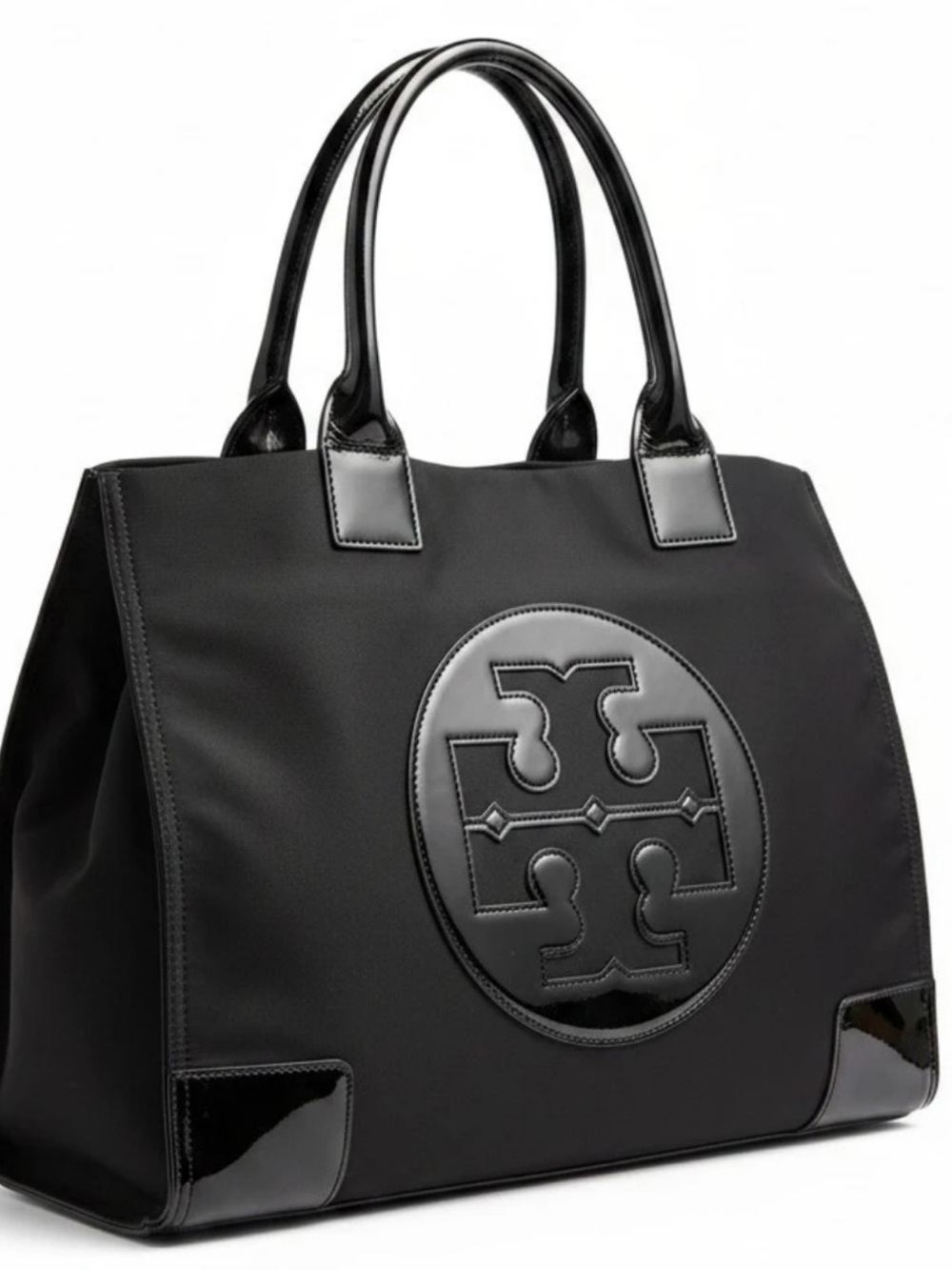 Tory Burch Black Ella Tote with Gloss Trim